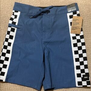 Vans Blue Swim Shorts with Black-and-White Checkerboard Panels